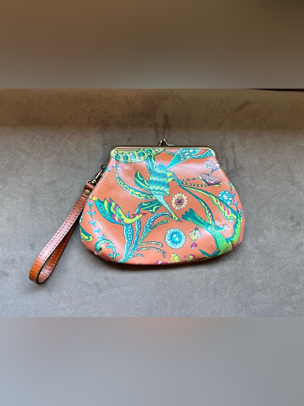 Patricia Nash Leather Kiss-Lock Wristlet Vibrant Birds of Paradise Koi Orange